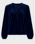 Meredith | Velvet Henley Blouse - Button Front Placket - Gathered Yoke Detail - Elastic Cuff Sleeves