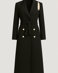 Briar | Belted Longline Coat - Double-Breasted Front - Statement Buttons - Notch Lapel Collar