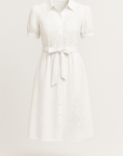 Zaria | Embroidered Midi Shirt Dress - Button Front Closure - Puff Sleeves - Self Tie Waist Belt