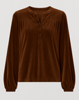 Meredith | Velvet Henley Blouse - Button Front Placket - Gathered Yoke Detail - Elastic Cuff Sleeves