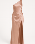 Elspeth | Women's Elegant Satin Evening Dress – One-Shoulder High Slit – Formal Gown for Wedding Guests
