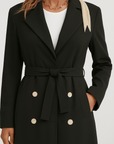 Briar | Belted Longline Coat - Double-Breasted Front - Statement Buttons - Notch Lapel Collar