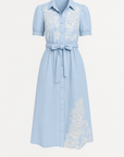 Zaria | Embroidered Midi Shirt Dress - Button Front Closure - Puff Sleeves - Self Tie Waist Belt