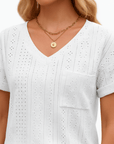Grace | Women’s Eyelet Pattern T-Shirt - Relaxed Fit - V-Neck - Breathable Lightweight Fabric
