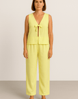 Claire | Two-Piece Lounge Set - Sleeveless Tie Front Top - Wide Leg Pants