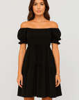Bella | Off Shoulder Mini Dress - Puff Sleeves - Smocked Bodice with Tie Waist