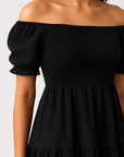 Bella | Off Shoulder Mini Dress - Puff Sleeves - Smocked Bodice with Tie Waist