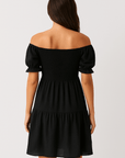 Bella | Off Shoulder Mini Dress - Puff Sleeves - Smocked Bodice with Tie Waist