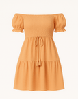 Bella | Off Shoulder Mini Dress - Puff Sleeves - Smocked Bodice with Tie Waist