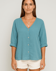 Peyton | Casual V-Neck Button-Down Top with Rolled Sleeves