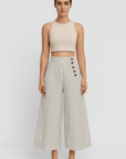 Alexandra | Striped Wide Leg Pants - High Waist - Side Button Detail - Cropped Length