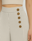 Alexandra | Striped Wide Leg Pants - High Waist - Side Button Detail - Cropped Length