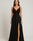 Camila | Women's Evening Gown - Deep V-Neck - Sleeveless - Thigh-High Slit