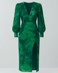 Sophie | Floral V-Neck Midi Dress - Long Puff Sleeves - Fitted Waist - Side Slit