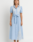 Zaria | Embroidered Midi Shirt Dress - Button Front Closure - Puff Sleeves - Self Tie Waist Belt