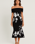 Odette | Women's Floral Print Midi Dress – Off Shoulder – Summer Cocktail & Formal Wear