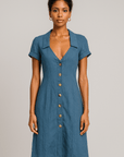 Abigail | Button-Down Midi Dress - Deep V-Neckline - Cuffed Short Sleeves - Wooden Buttons