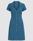 Abigail | Button-Down Midi Dress - Deep V-Neckline - Cuffed Short Sleeves - Wooden Buttons