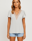 Ella | Women’s V-Neck Lace Trim Shirt - Relaxed Fit - Soft Breathable Fabric - Casual Blouse