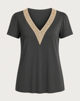 Ella | Women’s V-Neck Lace Trim Shirt - Relaxed Fit - Soft Breathable Fabric - Casual Blouse