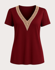 Ella | Women’s V-Neck Lace Trim Shirt - Relaxed Fit - Soft Breathable Fabric - Casual Blouse