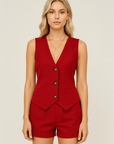 Skylar | Two-Piece Vest and Shorts Set - Button Front Vest - Tailored High Waist Shorts