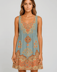 Allison | Women’s Boho Sleeveless Dress - Scoop Neckline - Ornate Printed Hem