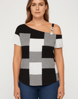 Anna | Women’s Colorblock Knit Top - Asymmetrical Neckline - Buckle Strap Detail