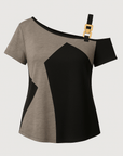 Anna | Women’s Colorblock Knit Top - Asymmetrical Neckline - Buckle Strap Detail