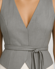 Talia | Linen Vest Top - Tailored Fit with V-Neck - Lace-Up Waist Detail