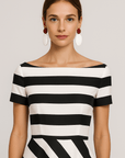 Mariana | Off-Shoulder Maxi Dress - Flared Silhouette - Diagonal Stripes for Summer