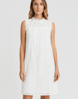Sara | White Eyelet Dress - Sleeveless Design - High Neckline - Shift Silhouette