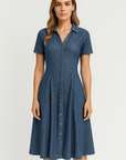 Daisy | Denim Shirt Dress - Button Front - Short Sleeves - A-Line Silhouette