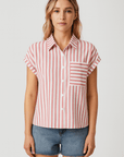 Isla | Striped Short Sleeve Shirt - Button Front - Contrast Chest Pocket - Relaxed Fit