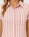 Isla | Striped Short Sleeve Shirt - Button Front - Contrast Chest Pocket - Relaxed Fit