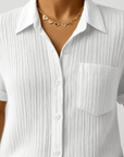 Serena | Textured Button-Up Shirt - Rolled Short Sleeves - Chest Pocket - Lightweight Fabric