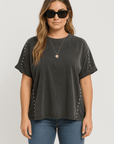 Calliope | Studded Oversized T-Shirt - Rolled Sleeves - Washed Cotton - Side Stud Detail