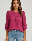 Phoebe | Pleated Round Neck Blouse - Puff Shoulders - 3/4 Sleeves - Lightweight Fabric