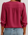 Phoebe | Pleated Round Neck Blouse - Puff Shoulders - 3/4 Sleeves - Lightweight Fabric