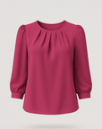 Phoebe | Pleated Round Neck Blouse - Puff Shoulders - 3/4 Sleeves - Lightweight Fabric