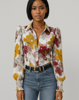 Juniper | Floral Button-Up Blouse - Puff Long Sleeves - Smocked Cuffs - Fitted Silhouette