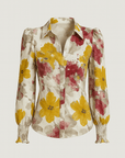 Juniper | Floral Button-Up Blouse - Puff Long Sleeves - Smocked Cuffs - Fitted Silhouette