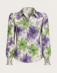 Juniper | Floral Button-Up Blouse - Puff Long Sleeves - Smocked Cuffs - Fitted Silhouette