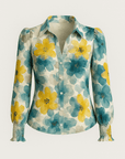 Juniper | Floral Button-Up Blouse - Puff Long Sleeves - Smocked Cuffs - Fitted Silhouette
