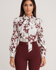 Luna | Printed Bow Tie Blouse - Satin Finish - Puff Long Sleeves - Button Cuffs