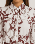 Luna | Printed Bow Tie Blouse - Satin Finish - Puff Long Sleeves - Button Cuffs