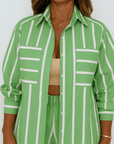 Women's Loungewear Set – Striped Two-Piece Cardigan & Shorts – Relaxed Fit Cotton Blend