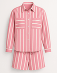 Women's Loungewear Set – Striped Two-Piece Cardigan & Shorts – Relaxed Fit Cotton Blend
