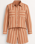 Women's Loungewear Set – Striped Two-Piece Cardigan & Shorts – Relaxed Fit Cotton Blend