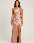 Elspeth | Women's Elegant Satin Evening Dress – One-Shoulder High Slit – Formal Gown for Wedding Guests